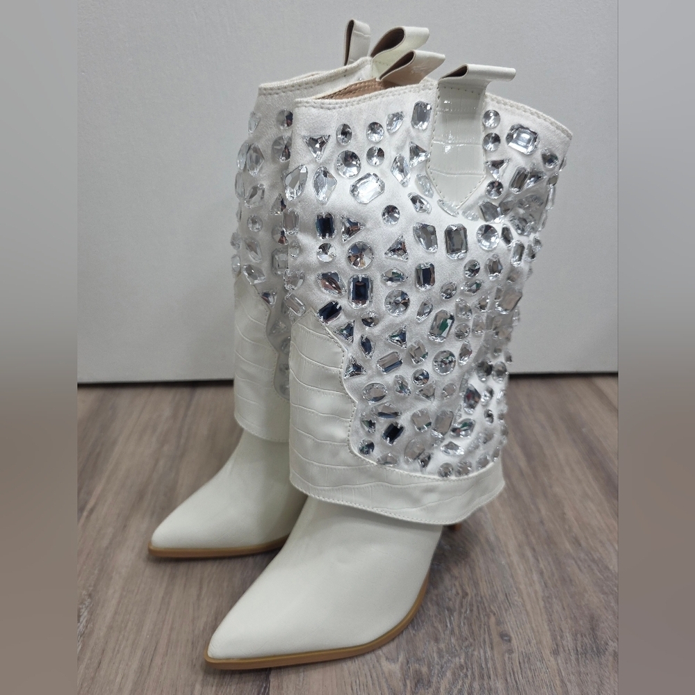 Lauren Lorraine Hana White Rhinestone Stiletto Cowboy Boot Size 8 - New In Box - Picture 7 of 12